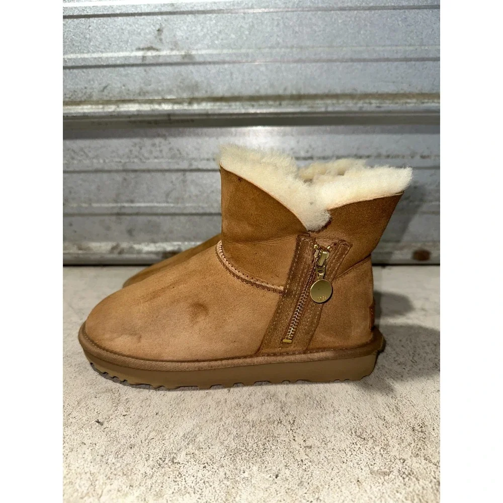 UGG Bailey Zip Mini Boot Women's Size 6‎ Chestnut Leather Warm Winter Fur Lined